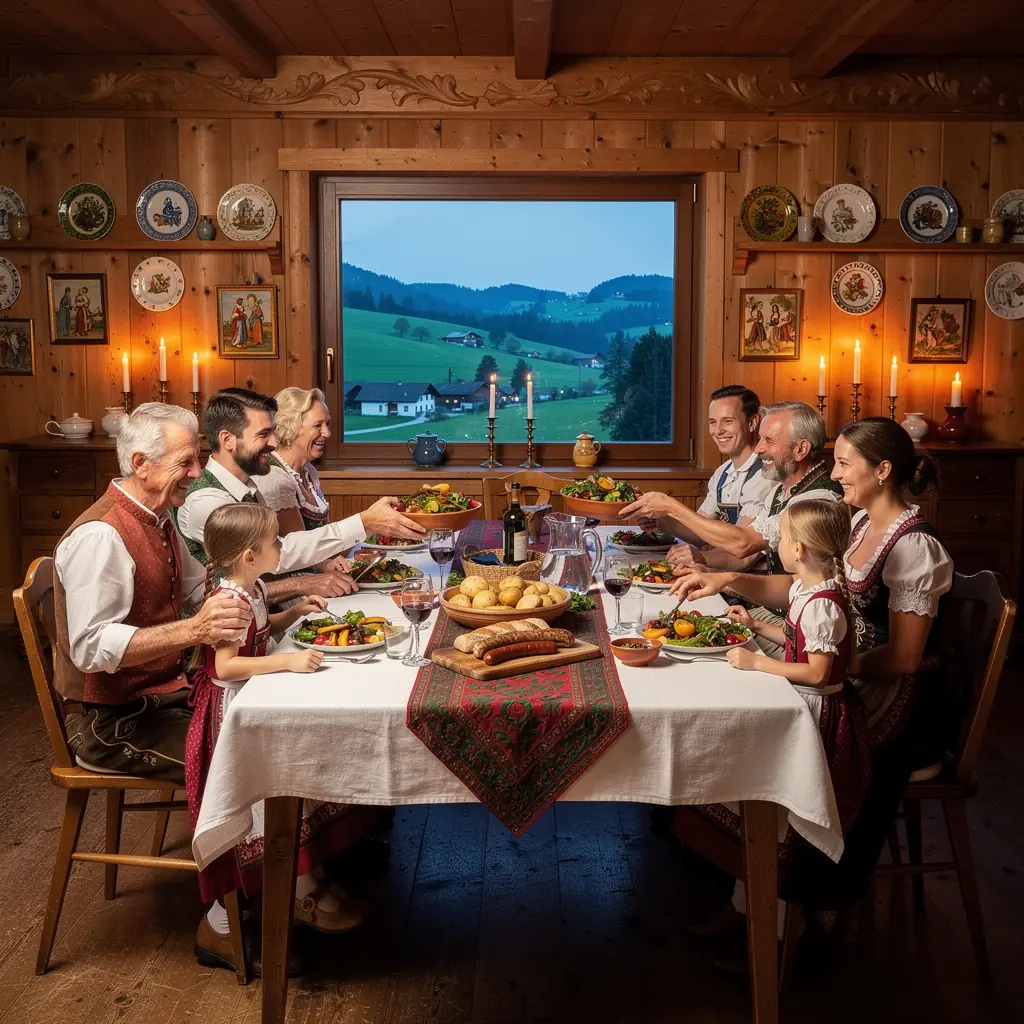 Ein gemütliches Bauernhaus, umgeben von blühenden Feldern und Obstbäumen in der Umgebung.