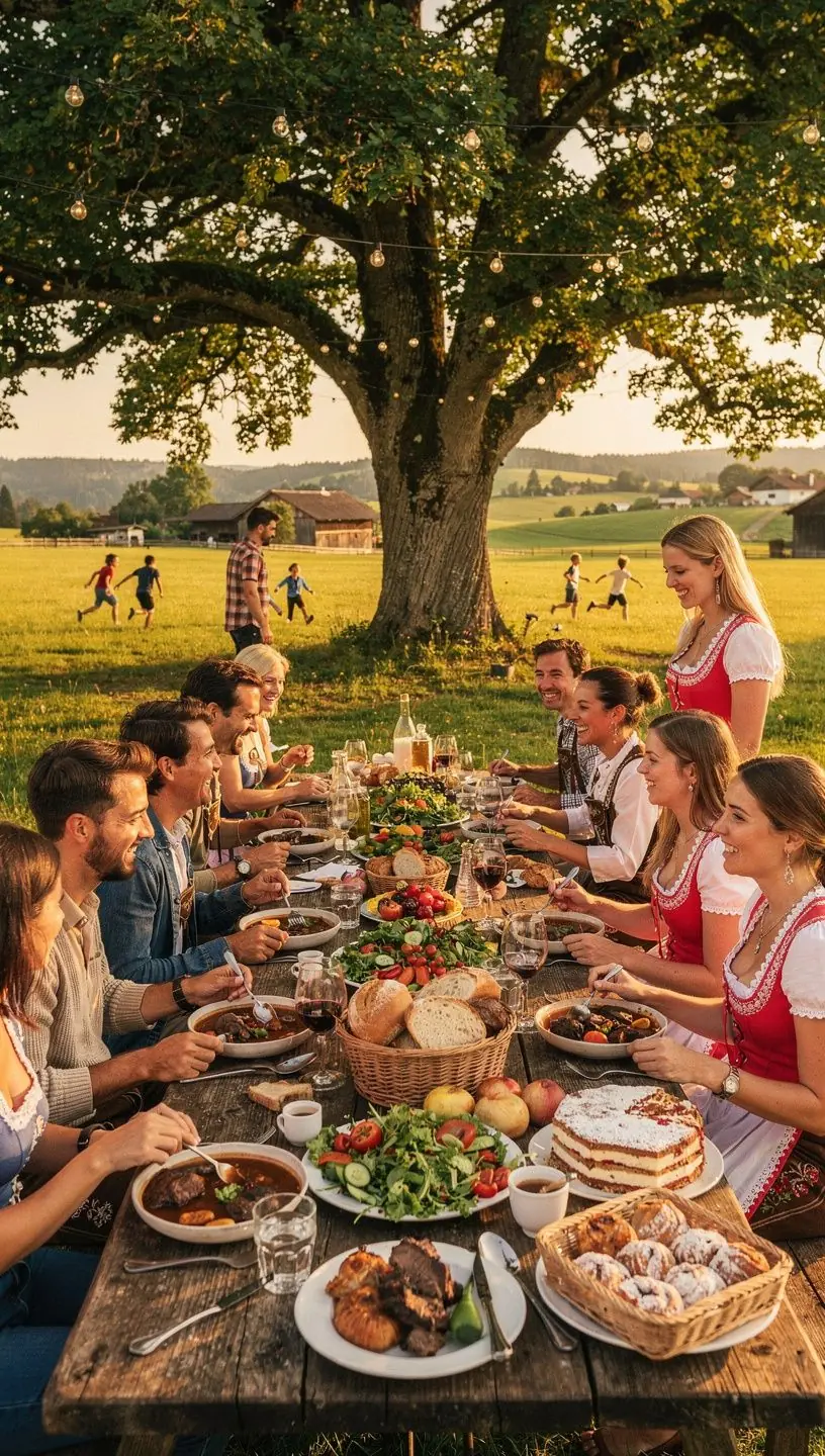 Ein Teller mit hausgemachten Knödeln, garniert mit regionalen Zutaten und Kräutern.
